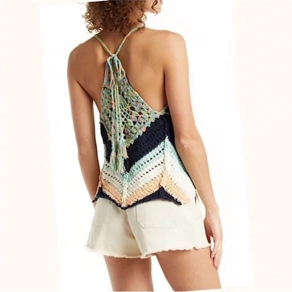 Free People Swim Up tank top blue green open knit sleeveless boho crochet - Picture 2 of 11